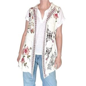 John Mark Floral Embroidered Cotton Vest Boho Chic Beaded Sleeveless Layer XS